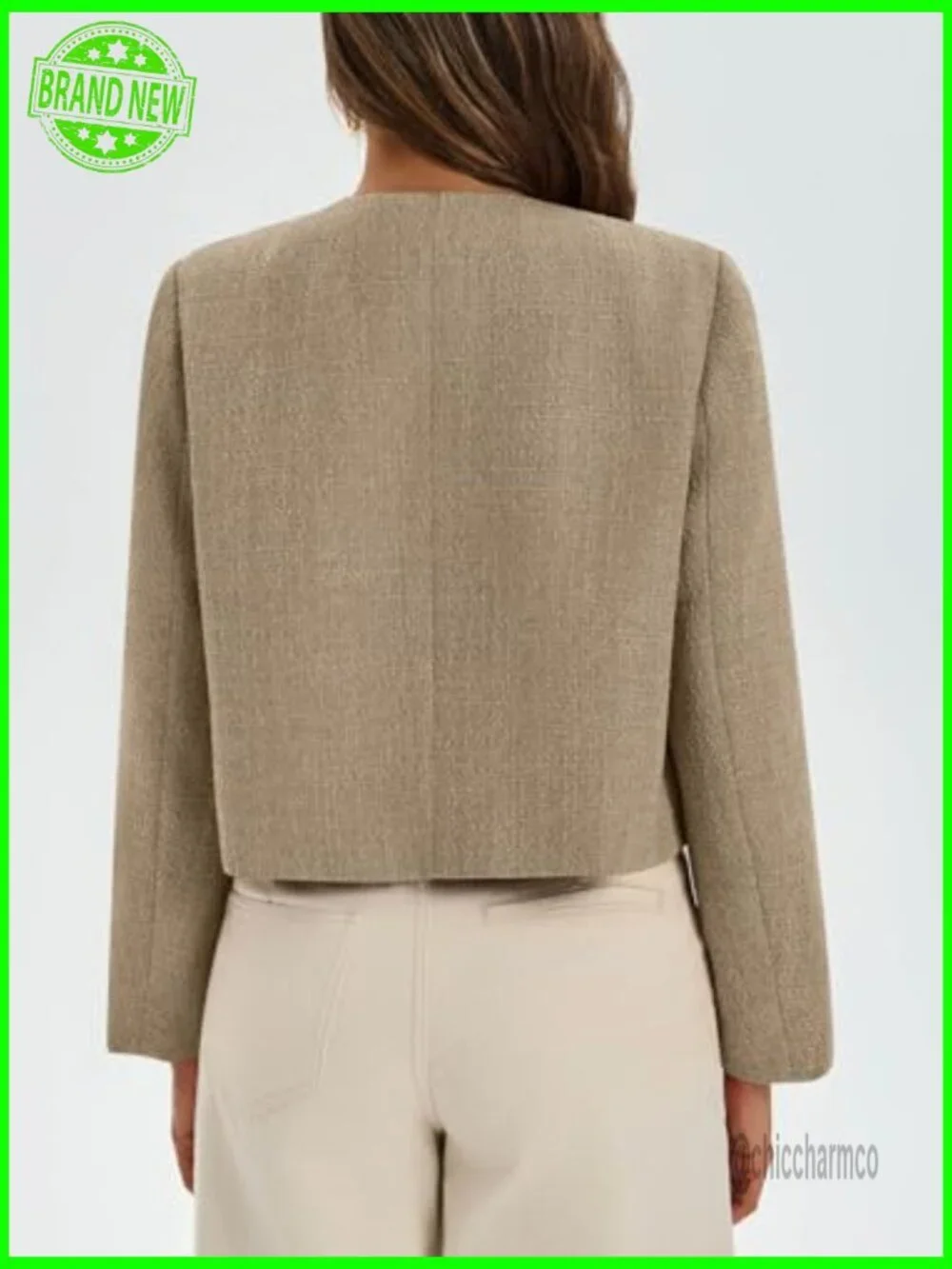Womens Collarless Cropped Tweed Blazer Jacket Casual Business Fall Bomber